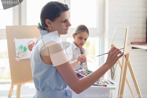 Image of Artist teaches children to draw on an easel in the studio