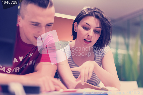 Image of technology students group working  in computer lab school  class