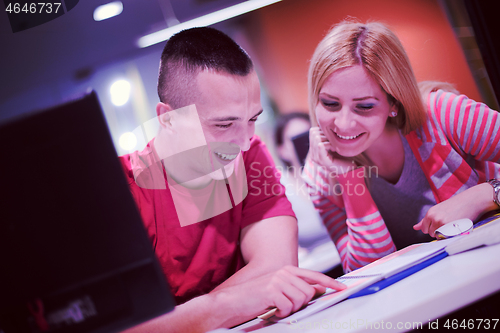 Image of technology students group working  in computer lab school  class