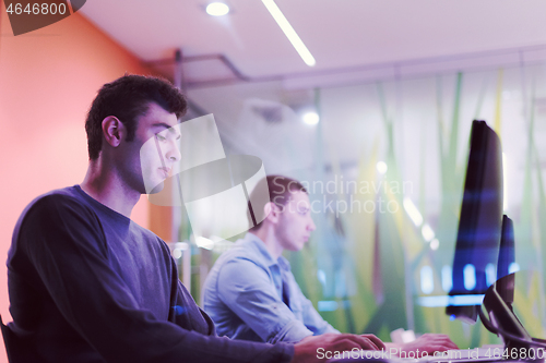 Image of technology students group working  in computer lab school  class