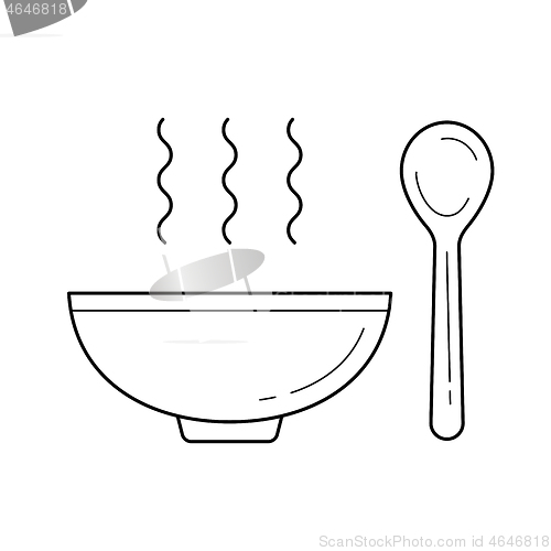 Image of Bowl of soup with spoon vector line icon.