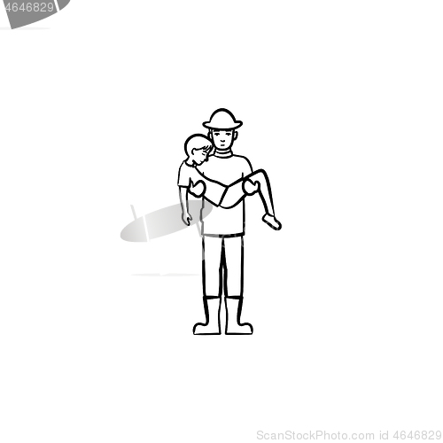 Image of Strong fireman rescuing a person sketch icon.