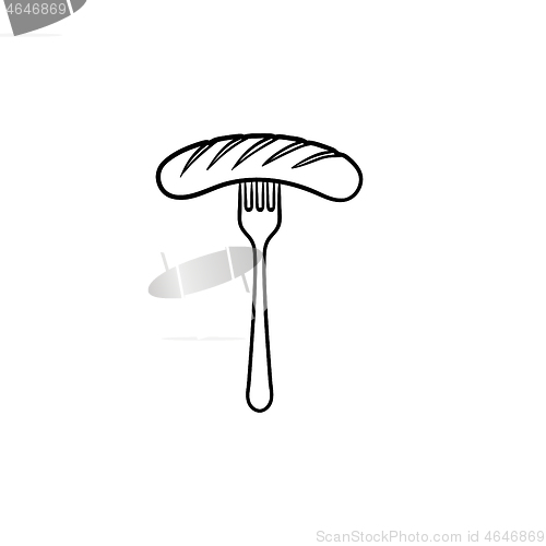 Image of Grilled sausage on fork hand drawn sketch icon.