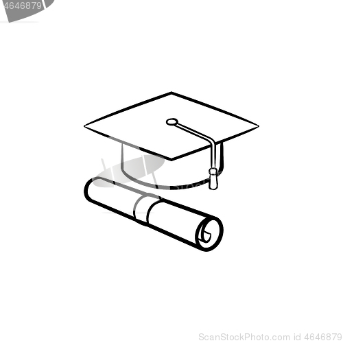Image of Cap of graduate and certificate hand drawn icon.
