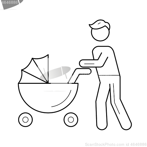 Image of Dad walking with baby in pushchair line icon.