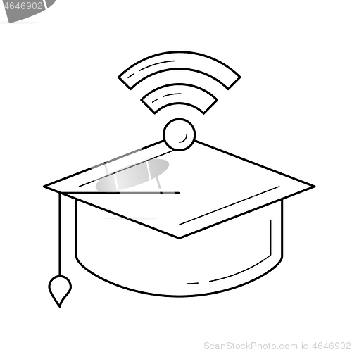 Image of Graduation cap with network wifi sign line icon.