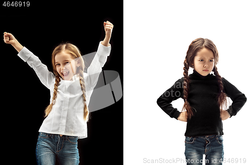 Image of portrait of two emotional girls on a white and black background