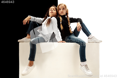 Image of portrait of two serious girls on a white and black background