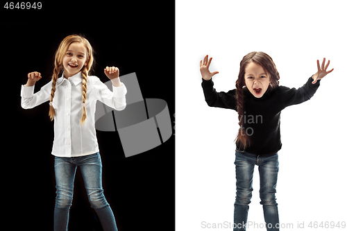 Image of portrait of two emotional girls on a white and black background