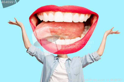 Image of Collage in magazine style with happy emotions and female lips instead of head.