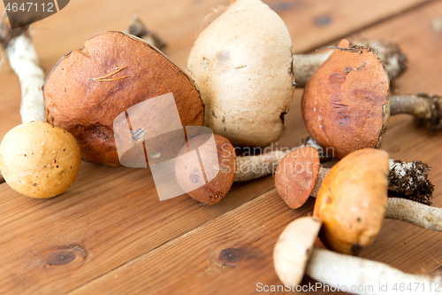 Image of brown cap boletus mushrooms on wooden background