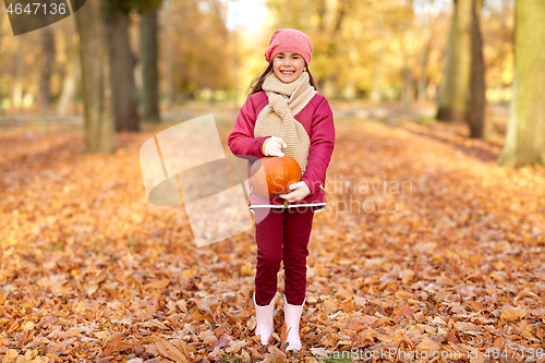 Image of happy girl with pumpkin at autumn park