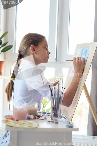 Image of Girl in white shirt draws behind easel with right hand