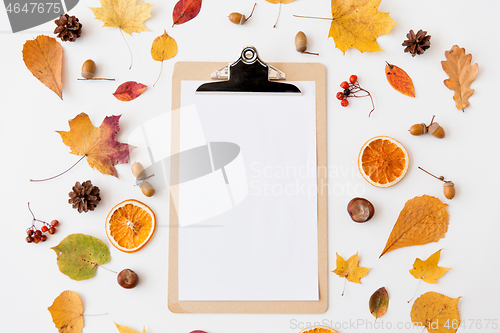 Image of autumn fruits and clipboard with blank white paper