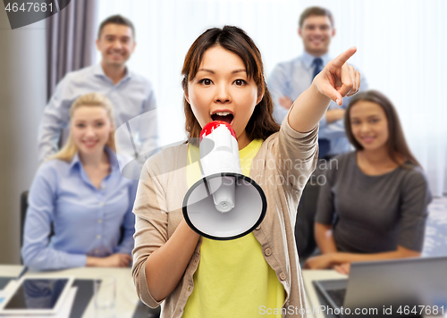 Image of asian woman speaking to megaphone over office team