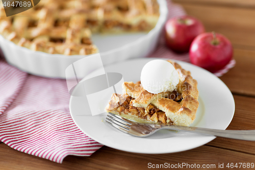 Image of piece of apple pie with ice cream on plate