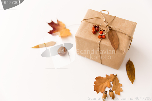 Image of gift box, autumn leaves, acorns and rowanberry