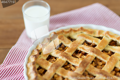 Image of apple pie in baking mold and glass of milk