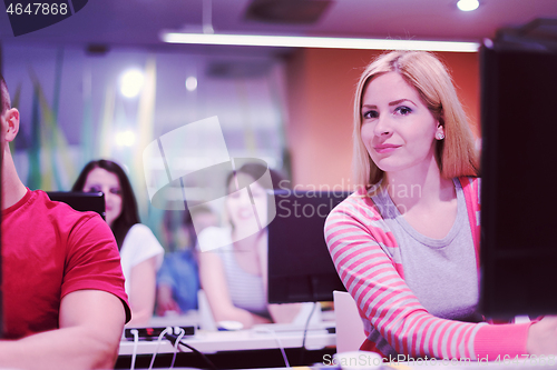 Image of technology students group working  in computer lab school  class