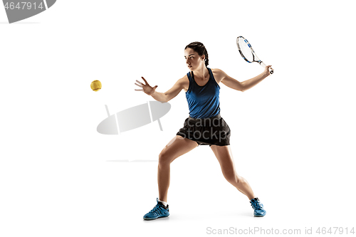 Image of Full length portrait of young woman playing tennis isolated on white background