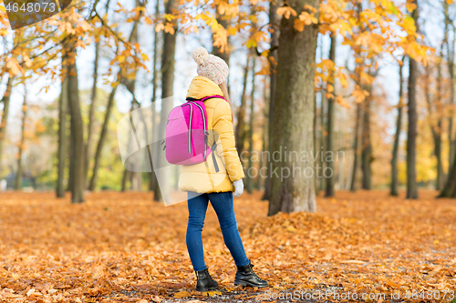 Image of student girl with school bag at autumn park