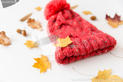 Image of hat and fallen autumn leaves on white background