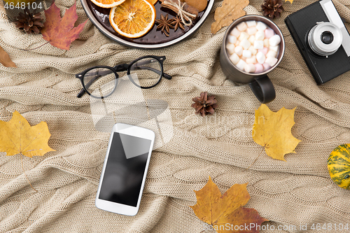 Image of smartphone, hot chocolate and autumn leaves