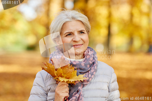 Image of senior woman with maple leaves at autumn park