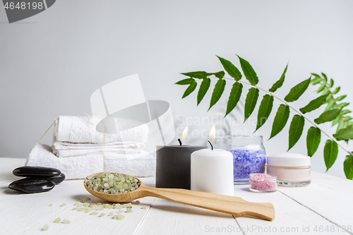 Image of Beautiful spa composition on massage table in wellness center, copyspace, green leaf