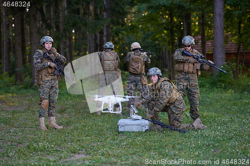 Image of Soldiers Squad are Using Drone for Scouting