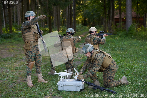 Image of Soldiers Squad are Using Drone for Scouting