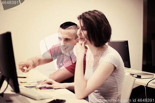 Image of technology students group working  in computer lab school  class