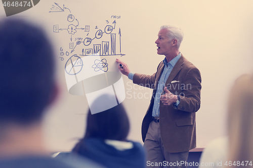 Image of teacher with a group of students in classroom