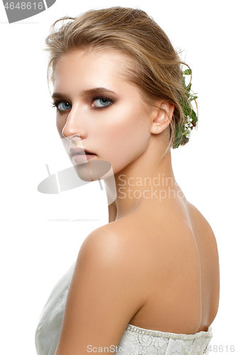 Image of beautiful dark blonde girl with natural makeup isolated on white