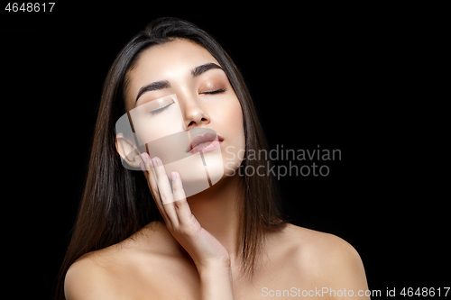 Image of beautiful brunette girl with natural makeup isolated on white