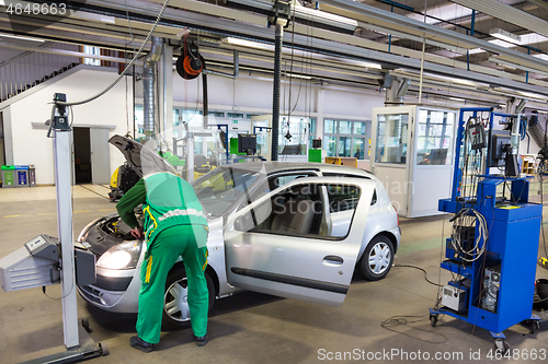 Image of Specialist auto mechanic in the car service, checks the car, engine, engine, carburetor. Concept: repair of machines, fault diagnosis, repair specialist, technical maintenance and on-board computer.