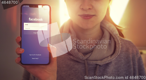 Image of KYIV, UKRAINE-JANUARY, 2020: Facebook on Mobile Phone Screen. Social Application Concept