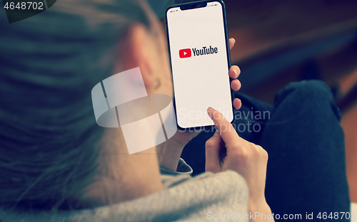 Image of KYIV, UKRAINE-JANUARY, 2020: Youtube on Cellphone Screen. Social Media Concept