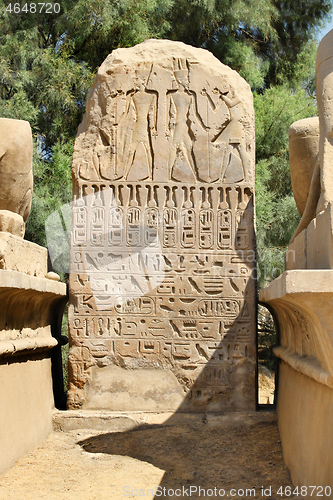 Image of Ancient egyptian stone with hieroglyphics in Karnak Temple