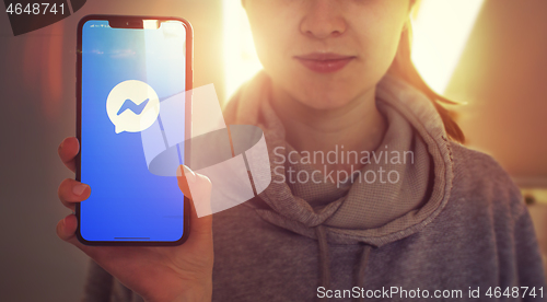 Image of KYIV, UKRAINE-JANUARY, 2020: Facebook Messenger on Smartphone Screen. Social Application Concept