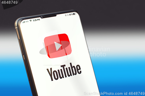 Image of KYIV, UKRAINE-JUNE, 2020: Youtube on Cellphone Screen. Social Network Concept