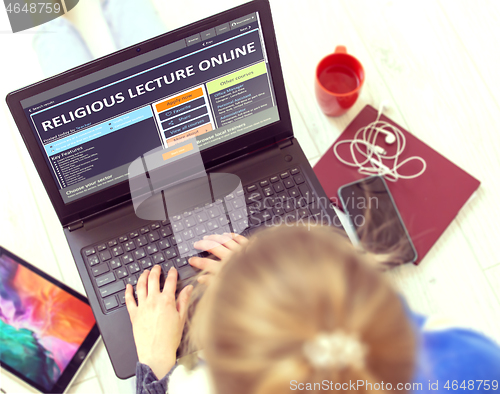 Image of Post-secondary Learning Concept. Religious Lecture Online on Modern Laptop.