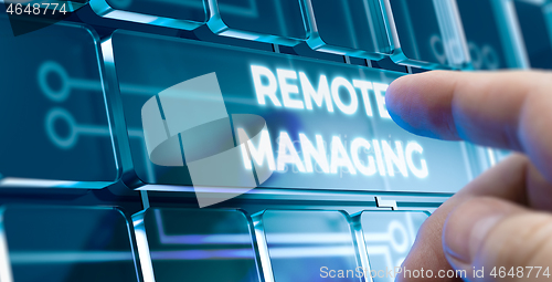 Image of Remote Managing - Man Pushing Button on Futuristic Interface.