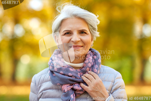 Image of portrait of happy senior woman at autumn park