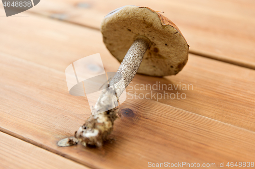 Image of brown cap boletus mushrooms on wooden background