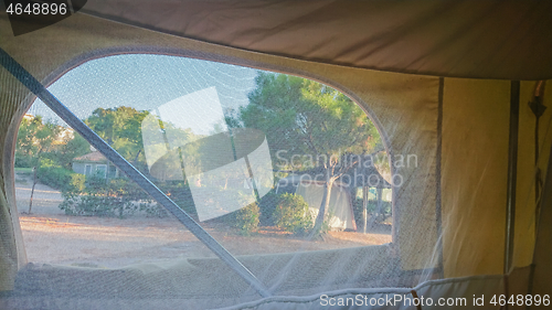 Image of View from inside of tent in camping