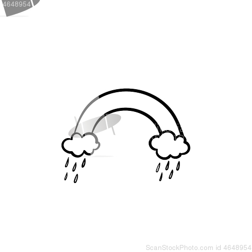 Image of Rainbow and raining clouds hand drawn sketch icon.