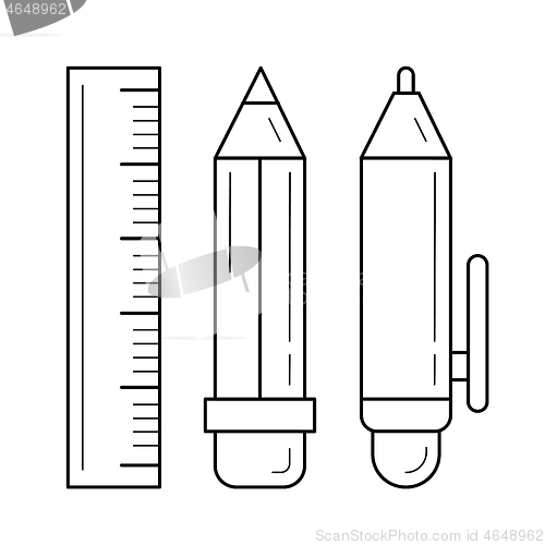 Image of Stationery ruler and pencil vector line icon.