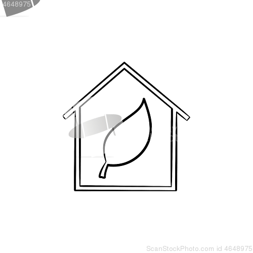 Image of Ecology friendly house with leaf hand drawn icon.