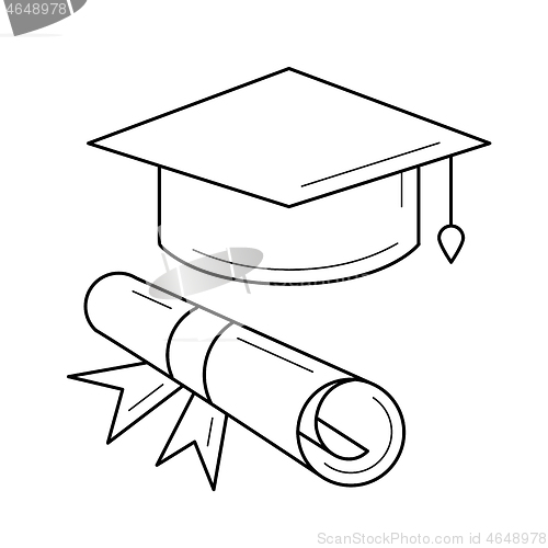 Image of Cap of graduate and certificate degree line icon.